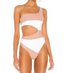 Revolve Tan & White One Piece Swimsuit